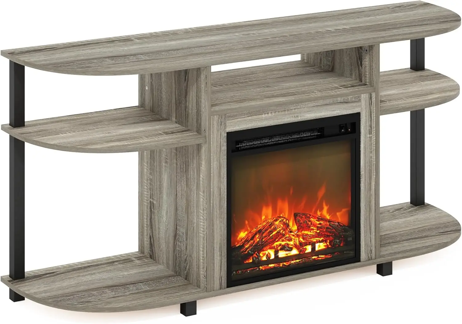 Open Storage Curved Entertainment Center Stand with Fireplace for TV up to 55 Inch, French Oak Grey