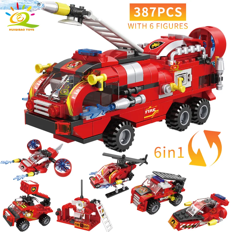 HUIQIBAO City Fire Truck Model Building Blocks Firefighting Set Fireman Figures Bricks City Construction Toy for Children Gift