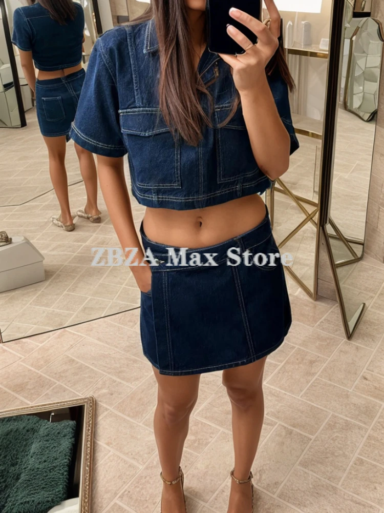 Cropped Denim Shirt Skort Suit Short Sleeved Lapel Front Pockets Top Hidden Zipper High-waisted Button Mini Skirt New Chic Set