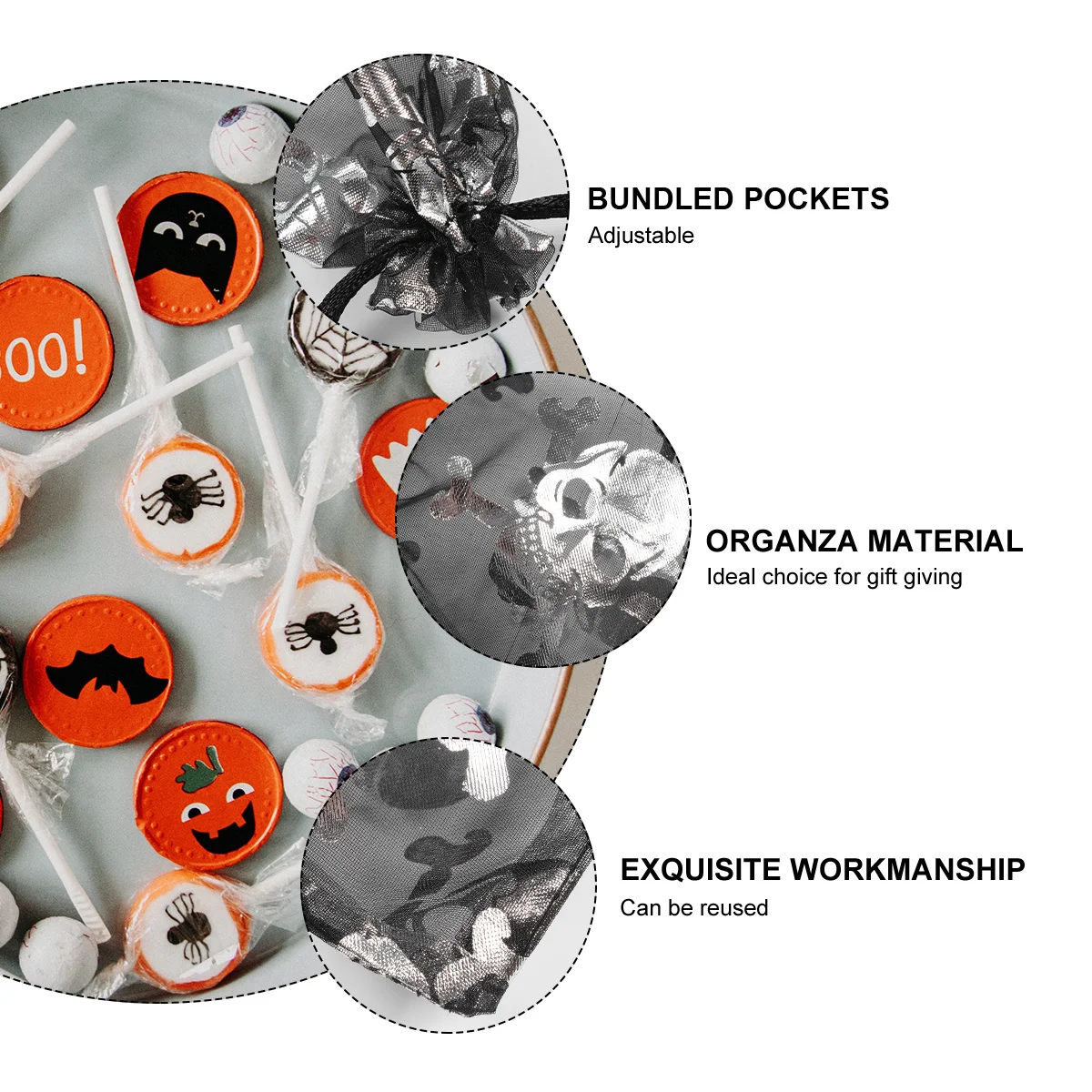 

100Pcs Halloween Drawstring Organza Bags Candy Gauze Pouches Skull Design Ideal for Candy Packaging Party Favors