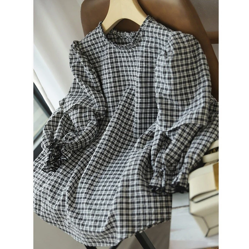 Women Clothing Ruffled Plaid Print Chic Sweet Vintage Blouse Summer Trendy Half Sleeve Loose Street Shirts Casual All Match Tops