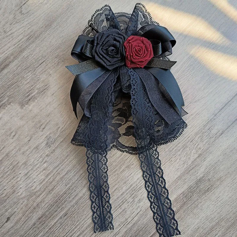 Lolita Collar Flower Headwear Hairpins Gothic Red Black Rose Flowers Brooch Fashion Women's Vintage Court Style Dress Bow Tie