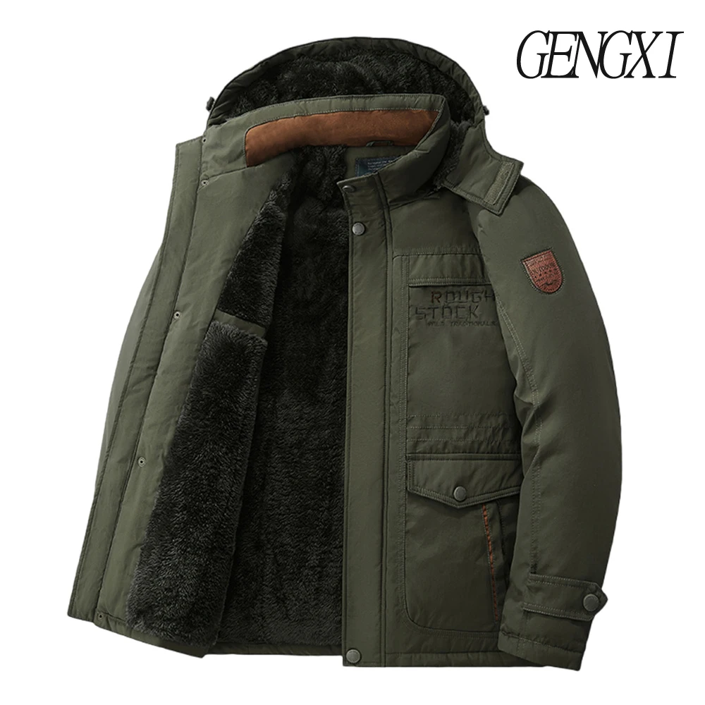 New Autumn/Winter Men's Fleece-Lined Thickened Cotton Coat Casual Vintage Workwear Jacket with Detachable Hood Multiple Pockets