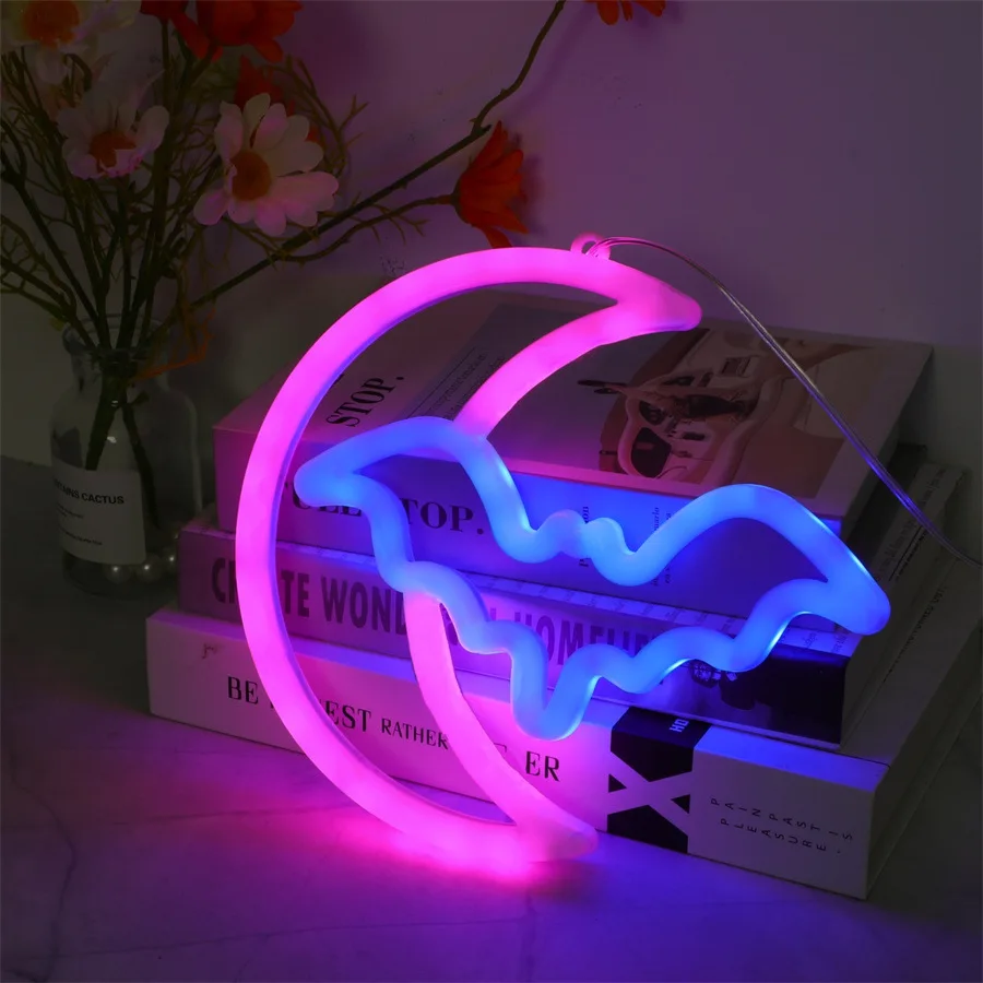 Bat Neon Signs Halloween Led Sign Moon Neon Light Sign Word Neon Light Sign Party Birthdad Bedroom Spooky Bat Holiday Wall Decor