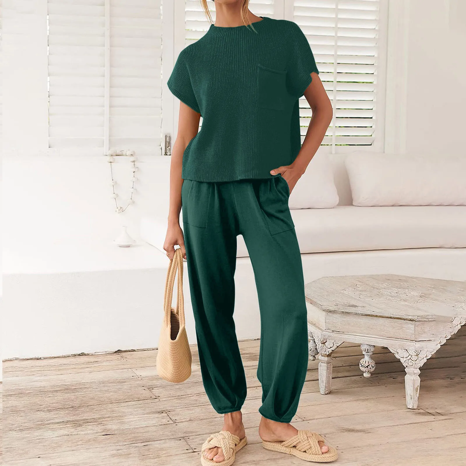 Women'S Fashion Pantsuit Original Short-Sleeved Pocket Pullover And Solid Color Loose Long Pants Two-Piece Casual Aesthetic Suit