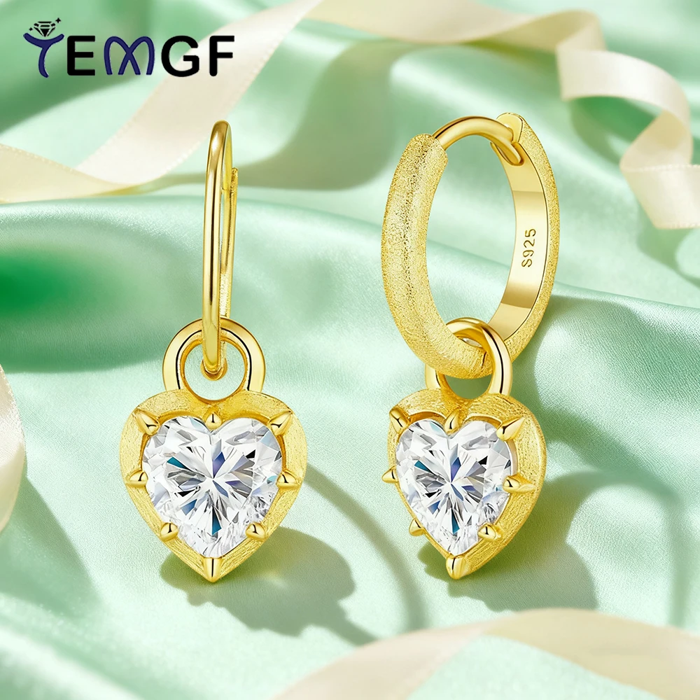 

TEMGF 6.5mm Heart Cut Moissanite Drop Studs Certified S925 Sterling Silver Hoop Earrings for Women Romantic Fine Jewelry Gift