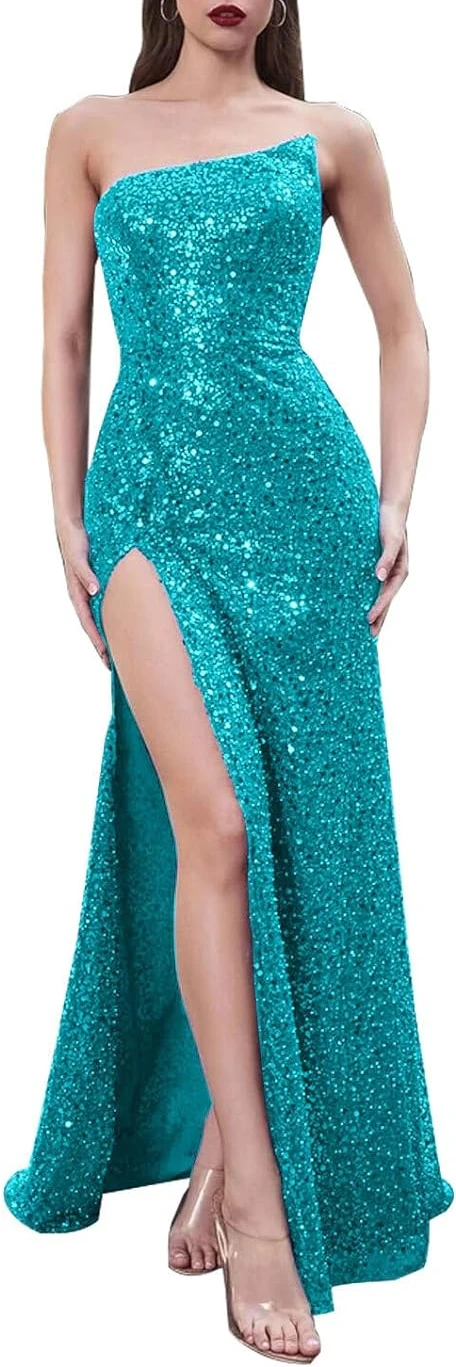 

New Summer Popular Slash Neck Sequin Party Dresses Fashion Sexy High Split Slim Waist Evening Gown Modern Long Straps Vestidos