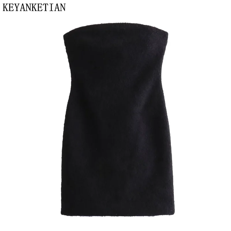 

KEYANKETIAN Winter New Women's Faux Fur Effect Corset Dress Elegant Stylish Slash neck Zipper Backless Tight Black Mini Dress