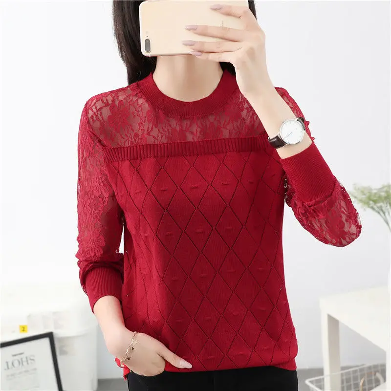 2022 Spring Summer Thin Long Sleeve Argyle Pattern Knitted Jumpers Women\'s Fashion All-match O-Neck Lace Spliced Solid Sweaters