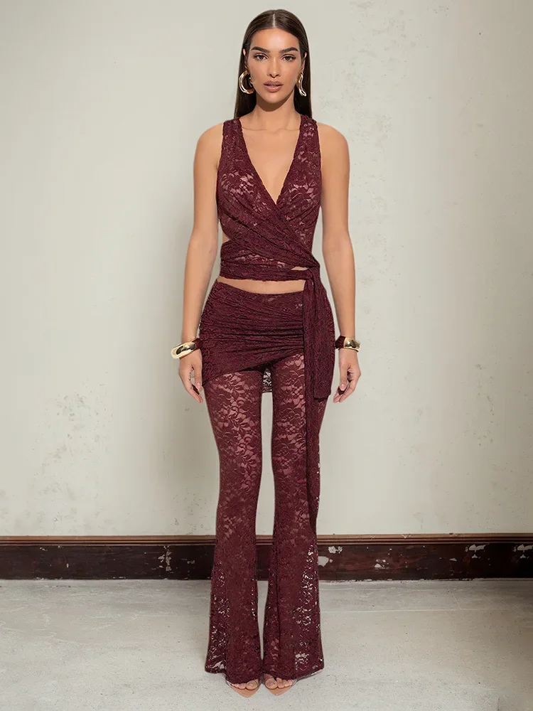 

2025 Summer Women V-neck Bandage Crop Tops and Flare Pants Lace 2 Piece Set Wine Red Black See-through Trousers Suit Streetwear