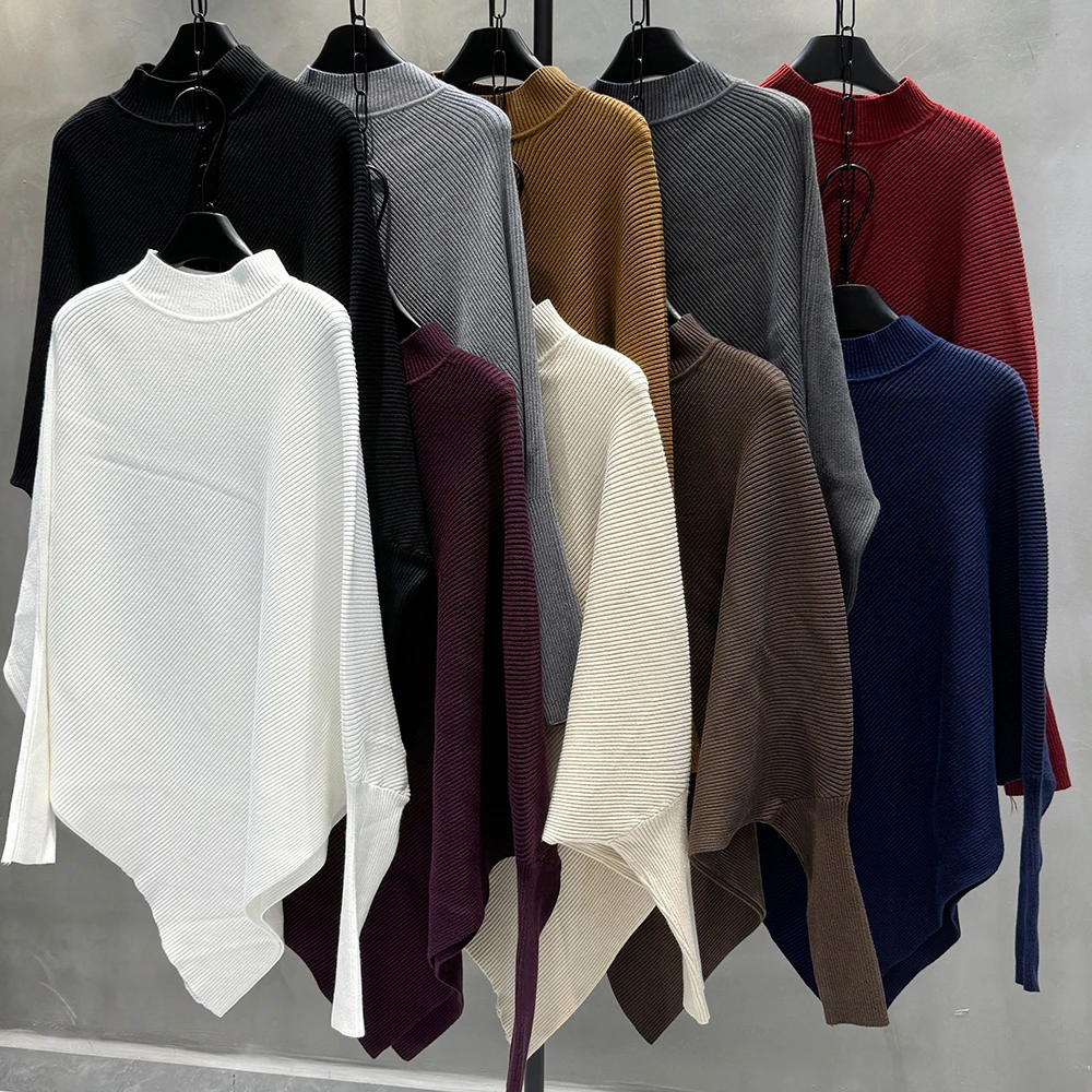 

Elegant Asymmetrical Hem Batwing Sleeve Pullover round Neck Cozy Polyester Knit for Fall Winter