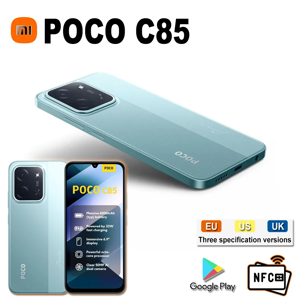 XIAOMI POCO C85 original smart phone 6000mAh/8GB+256GB memory/support GPS/NFC/200% volume increase/FM/EU/US/UK specification