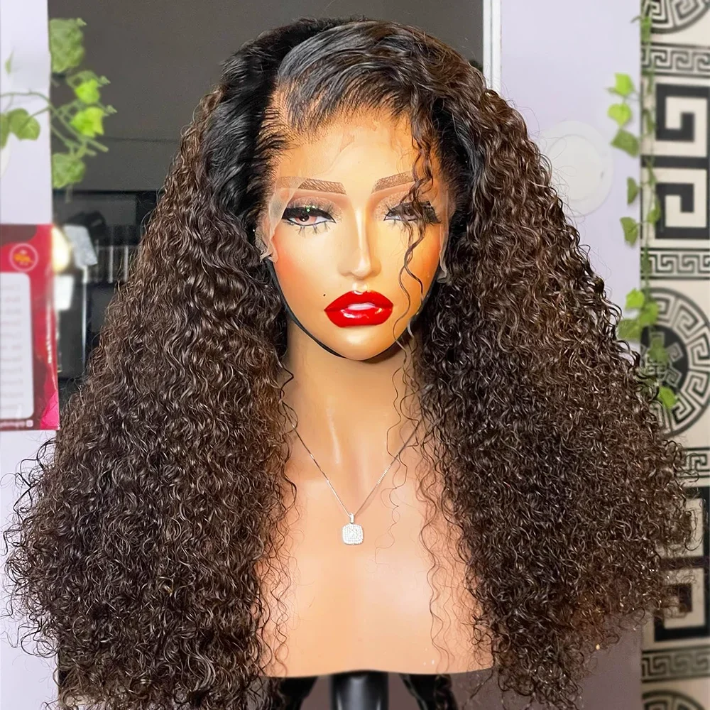 Kinky Curly Lace Front Wig para mulheres negras, longo, Ombre, loira, marrom, cabelo do bebê, linha fina natural, sem cola, macio, 180 Densidade, 26"