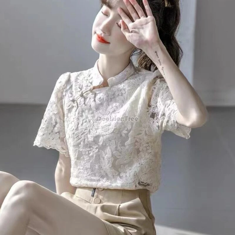 2024 summer new short sleeved lace top improved chinese style retro embroidery qipao top fashion design sense versatile blouse