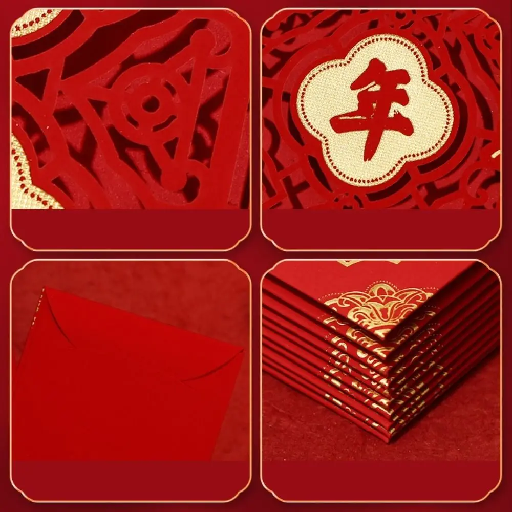 6Pcs Hollow Out 2025 New Year Red Envelope Gold Foiling Stamping Blessing New Year Red Packet Best Wishes HongBao