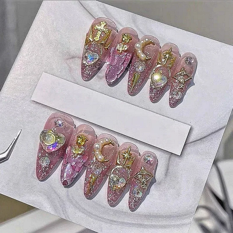 Uñas postizas hechas a mano Y2K rosa brillante con pegamento, uñas postizas reutilizables, ataúd de almendra, puntas de diamantes de imitación, prensa en uñas, manicura DIY