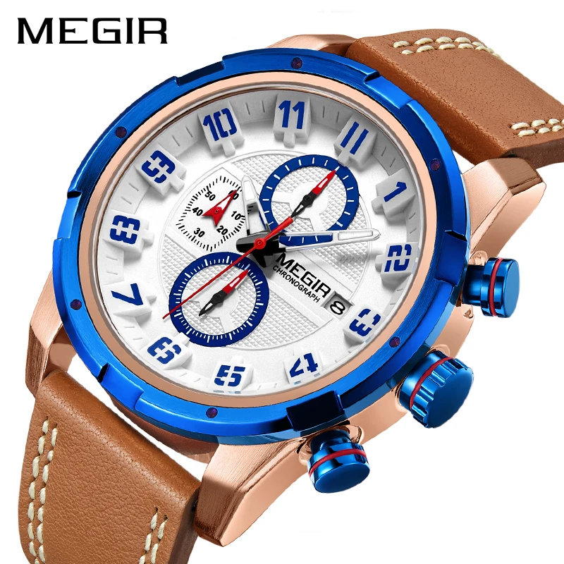 

MEGIR Creative Chronograph Sport Watch Men Clock Leather Quartz Men Wrist Watches Time Hour Army Military Watches Waterproof