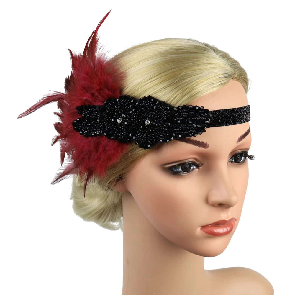 

1920's Vintage Feather Headband Rhinestone Hair Band Elastic Gastby Party Dress Hair Accessories