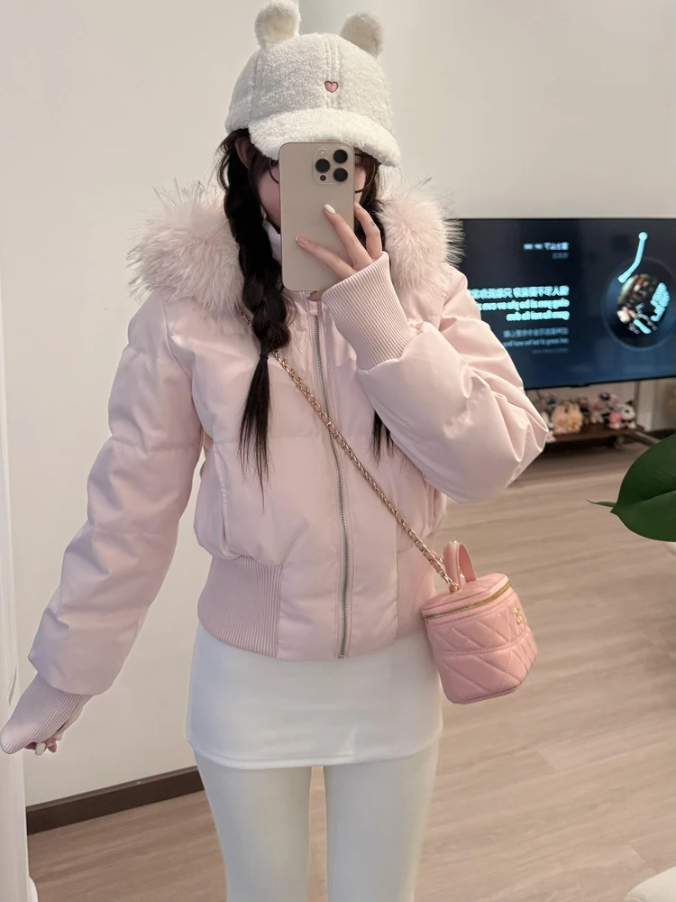 

Женское белое пальто Du Down Jaet розового цвета с большим меховым воротником, зимнее новое пальто небольшого размера с застежкой на талии