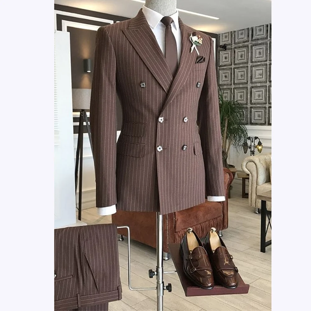 

Brown Striped Men Suits Double Breasted Formal Outfits 2 Piece Male Clothing Business Casual Tailored Party Prom Jacket Pants