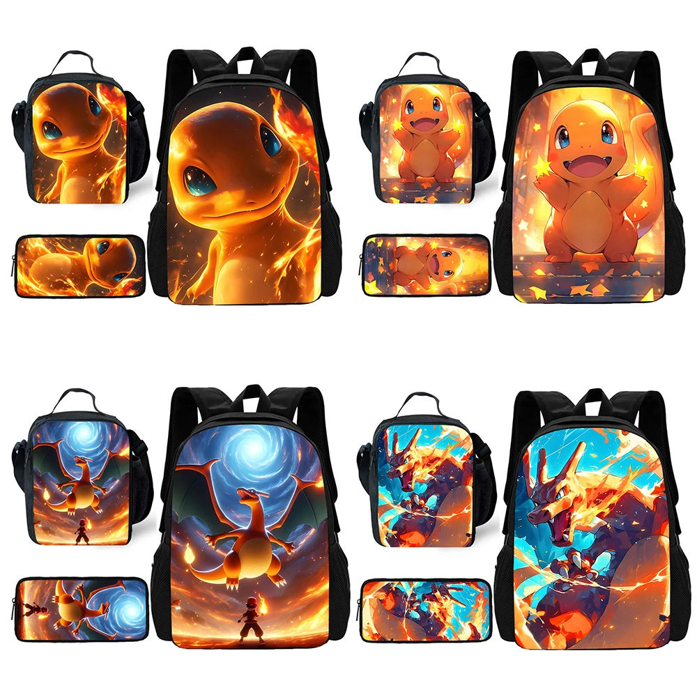 Cute Anime Charizards Backpack com lancheira para criança, Sacos de lápis, Mochilas escolares para meninos e meninas, Melhor presente