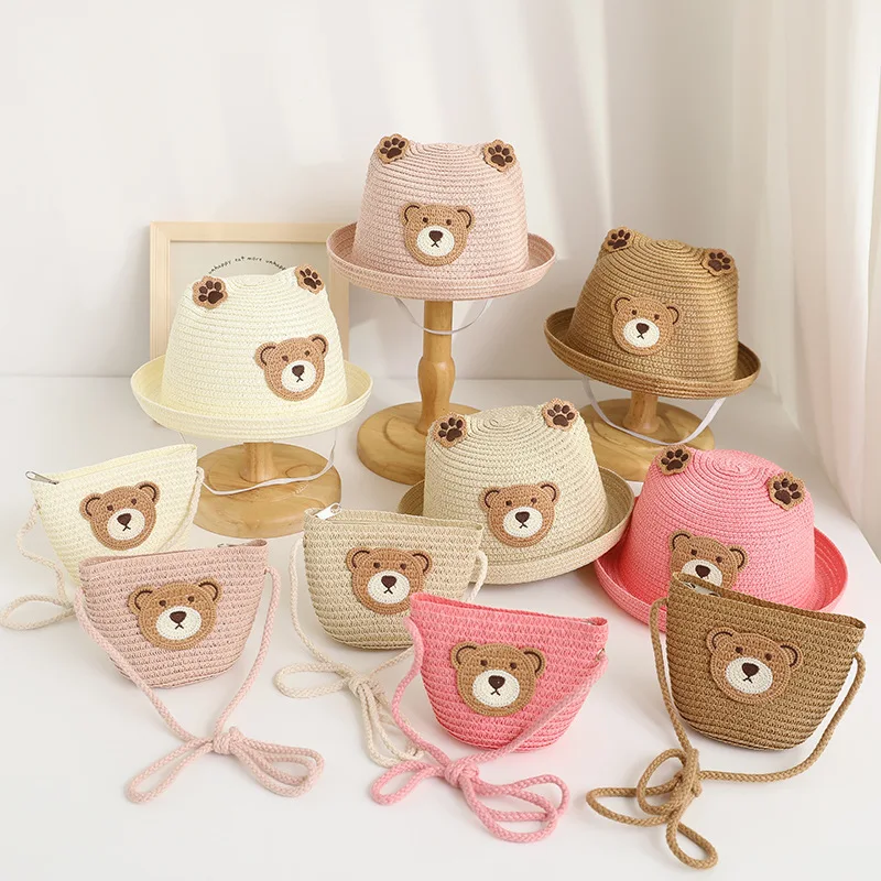 Summer Children Unisex Cute Bear Pattern Straw Hat Kids Cartoon Beach Sun Cap For Boy Girl