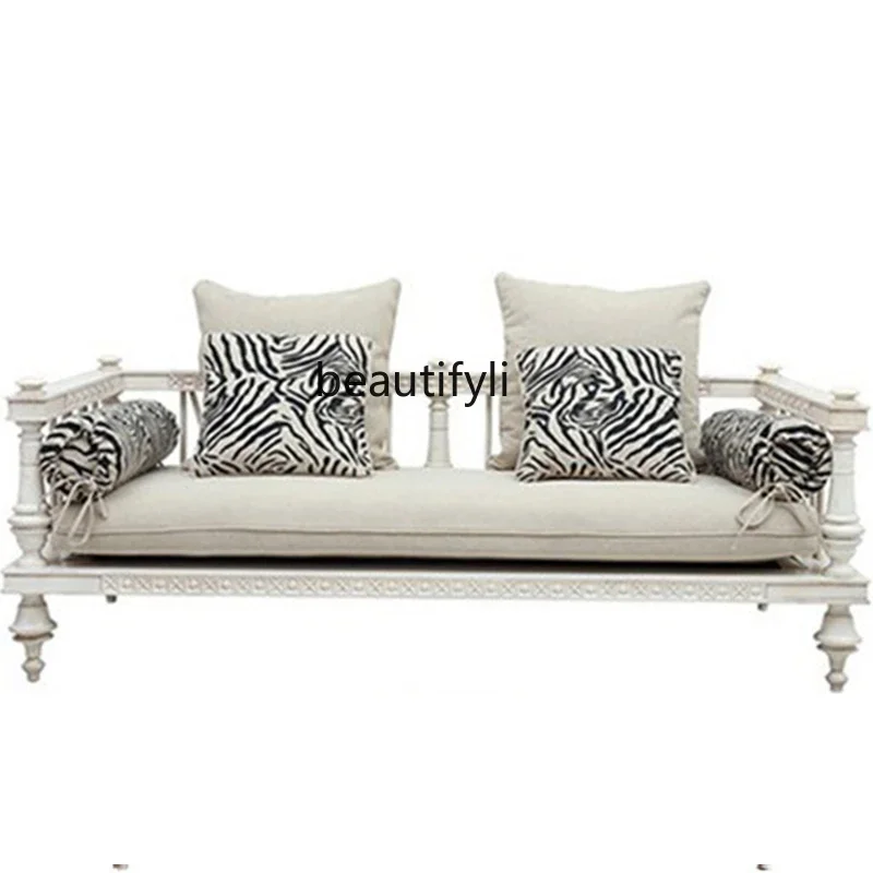S132 American French solid wood sofa white hollow carved living room retro low back three-person sofa bed