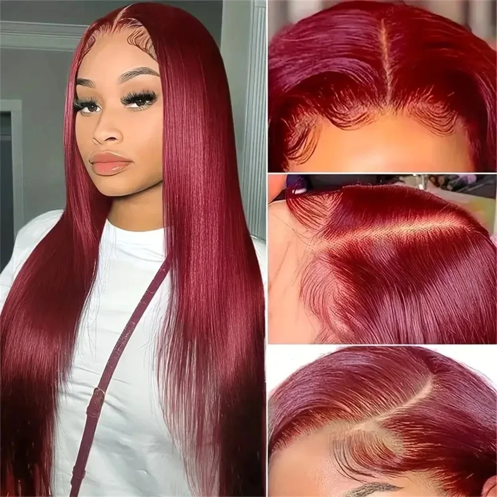 Perruque Lace Front Wig Naturelle Lisse Rouge 99J, Cheveux Humains, Bordeaux, 13x4 HD, 13x6, Densité 200, 36 Pouces, pour Femme