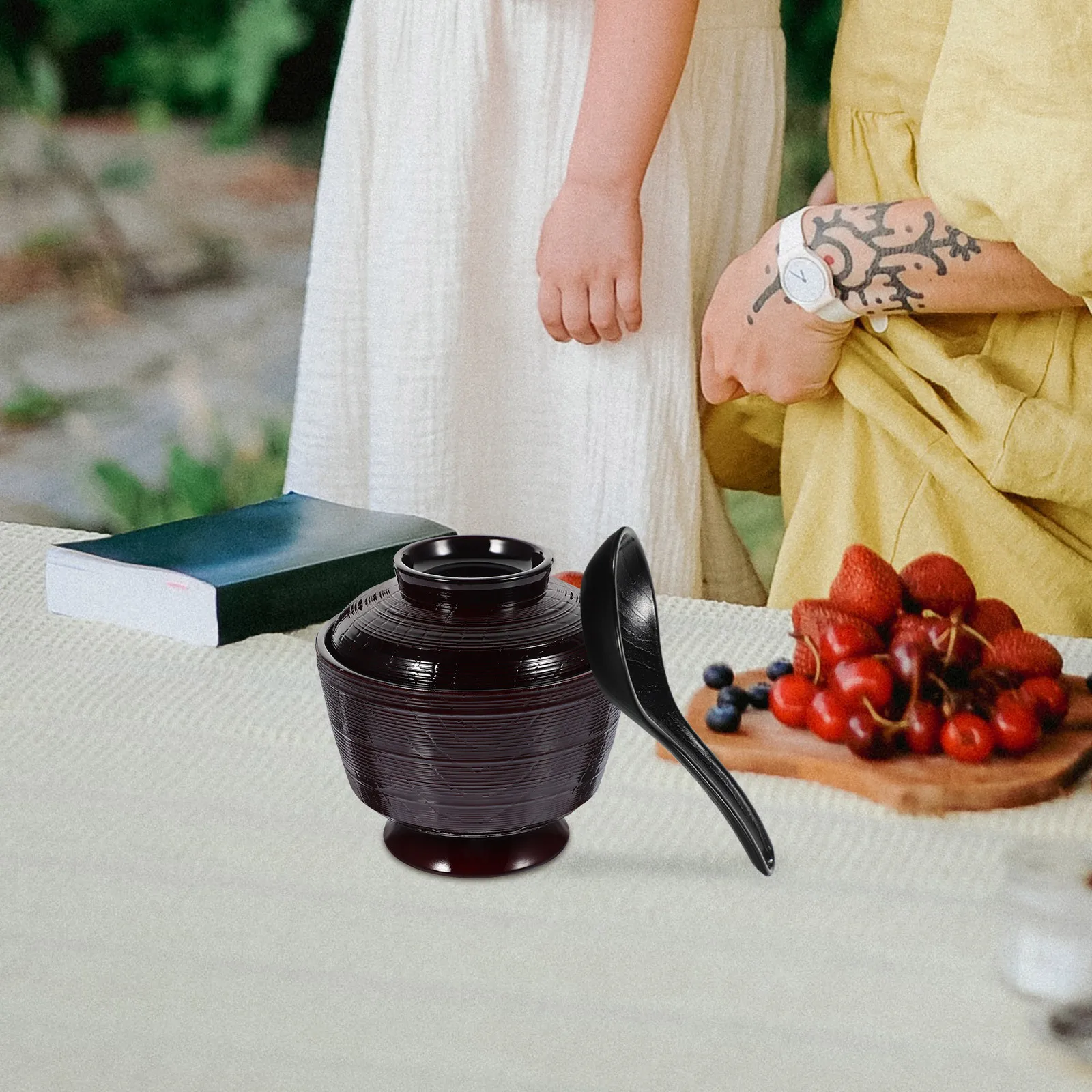 1 مجموعة النمط الياباني وعاء الحساء غطاء ملعقة قابلة لإعادة الاستخدام البلاستيك الأرز المعكرونة الحبوب حساء الحاويات غطاء أطباق الأرز اليابانية #5