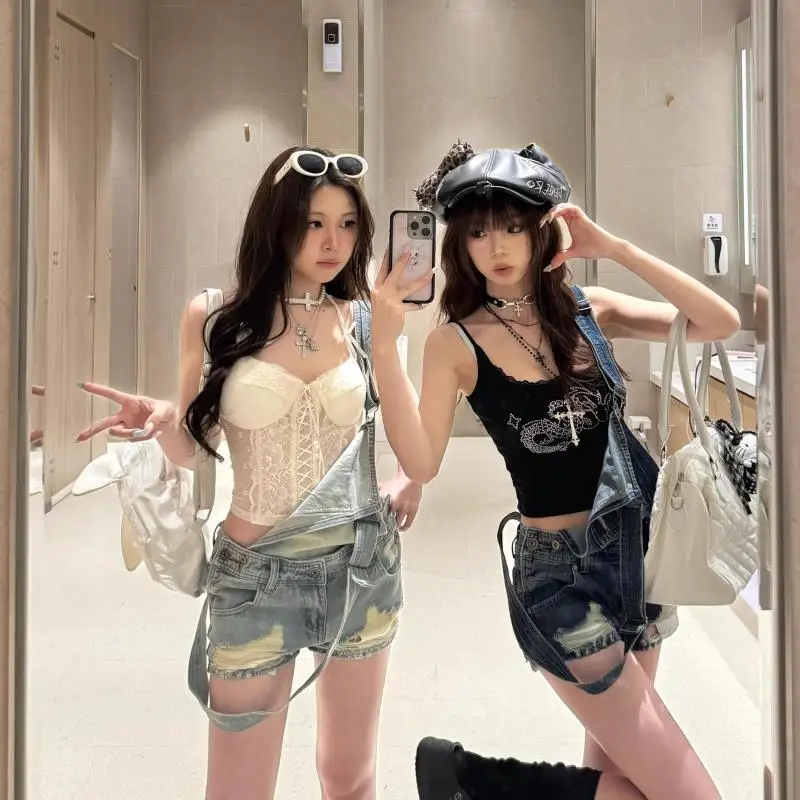 2026 Spring and Summer New Small American Retro Denim Strap Large Size Ripped Shorts Women's Slim Hip Hot Pants