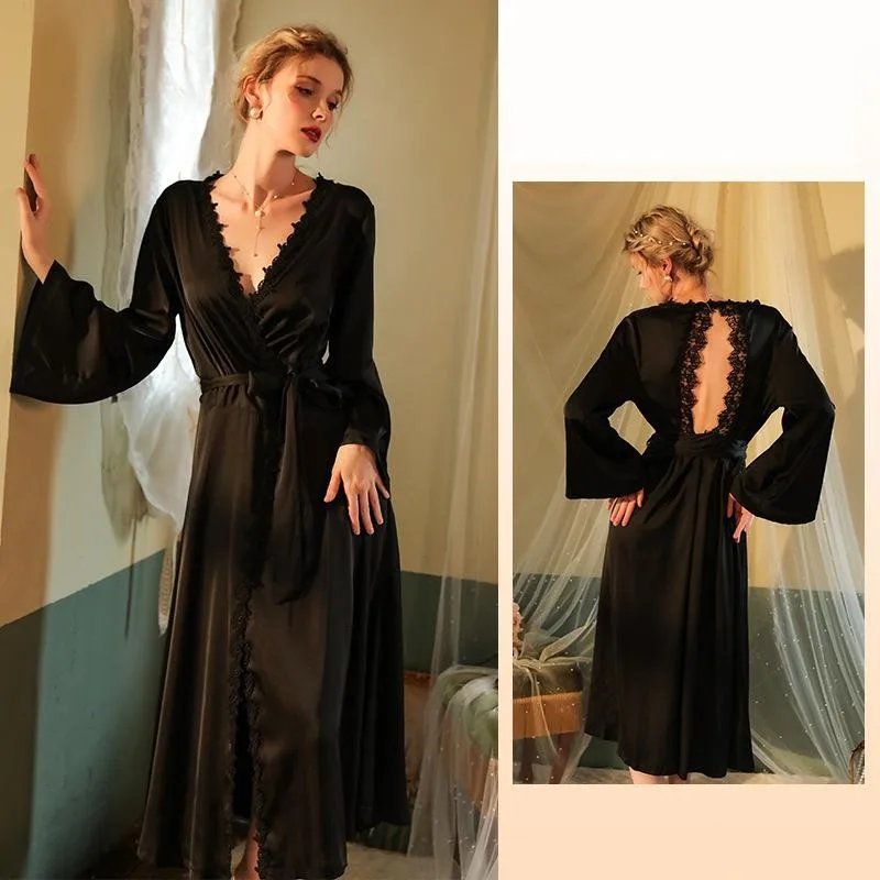 Bride Wedding Kimono Bathrobe Women Lace V-Neck Robe Gown Spring Loungewear Casual Satin Sleepwear Nightgown Home Clothes