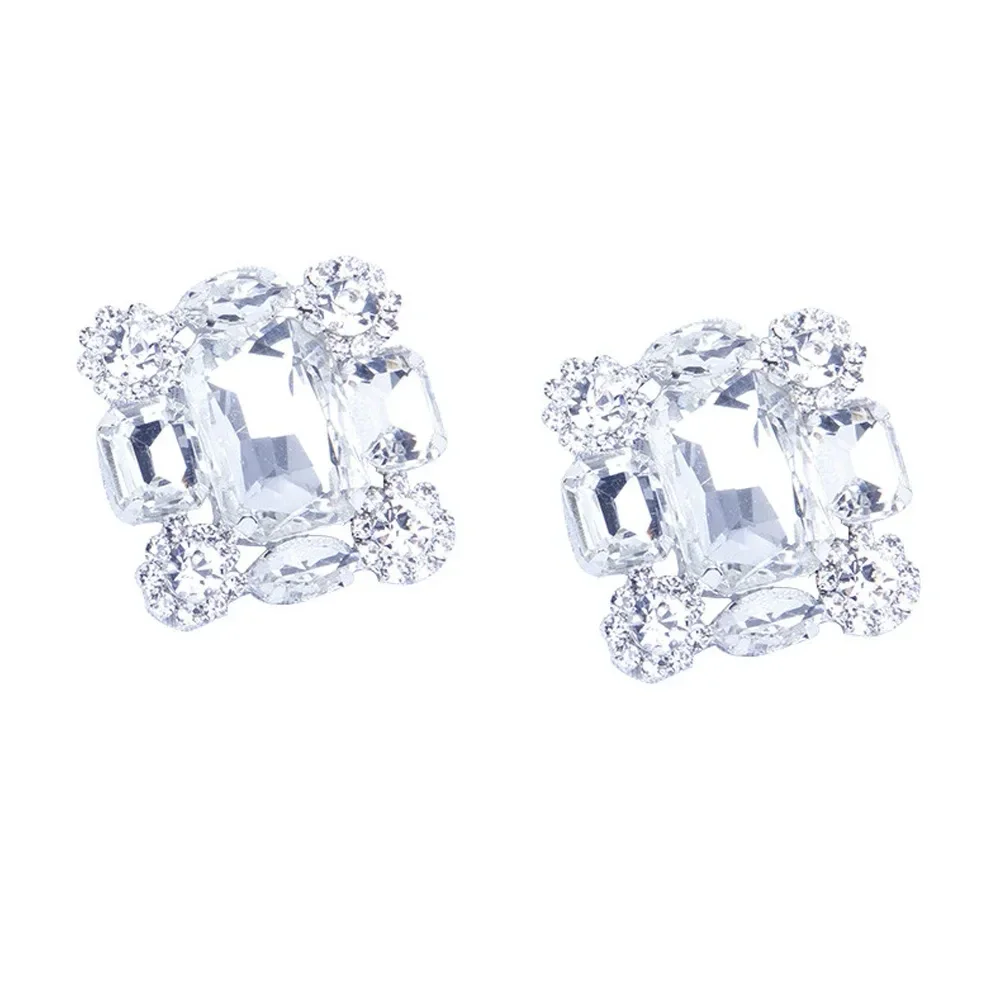 Fashion Shine White Crystal Square Earrings Rhinestone Clip on Earring Without Piercing Ear Clips for Women Party Jewelry