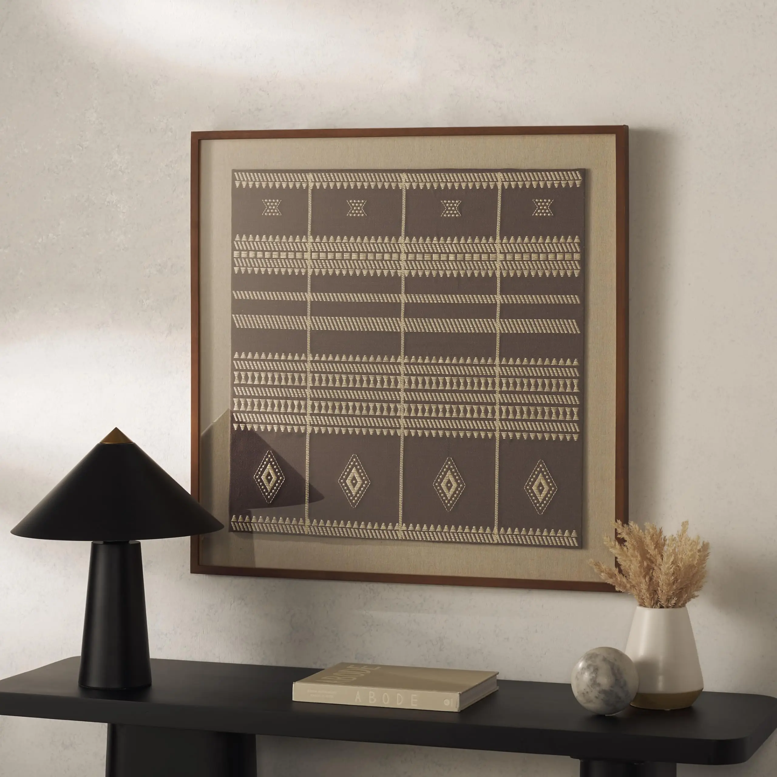Home Collection Zarra Framed Textile Wall Art – 30-Inch Square, Brown Boho Tribal Tapestry, Rustic Accent for Living