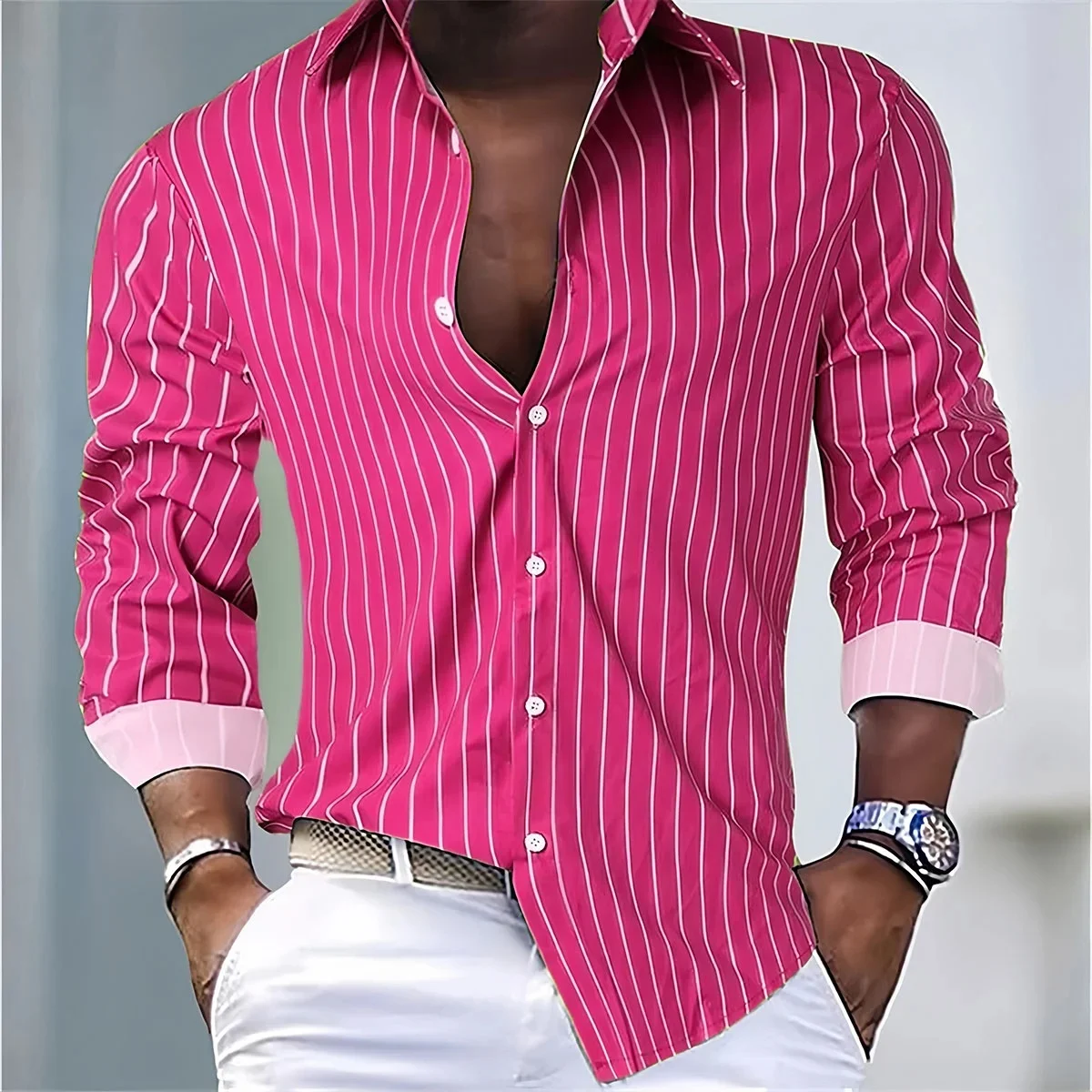 2025 Camisa elegante de moda para hombre, camisa clásica de manga larga con botones y solapa estampada en 3D, ropa de fiesta con temperamento para hombre