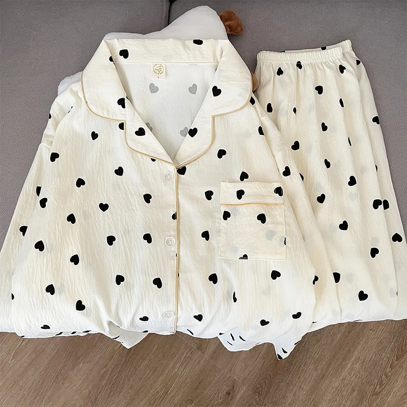 

Черный пижамный комплект с принтом «Любовь» и пуговицами, простая повседневная новая весенняя одежда для сна, ночная рубашка, женские пижамы