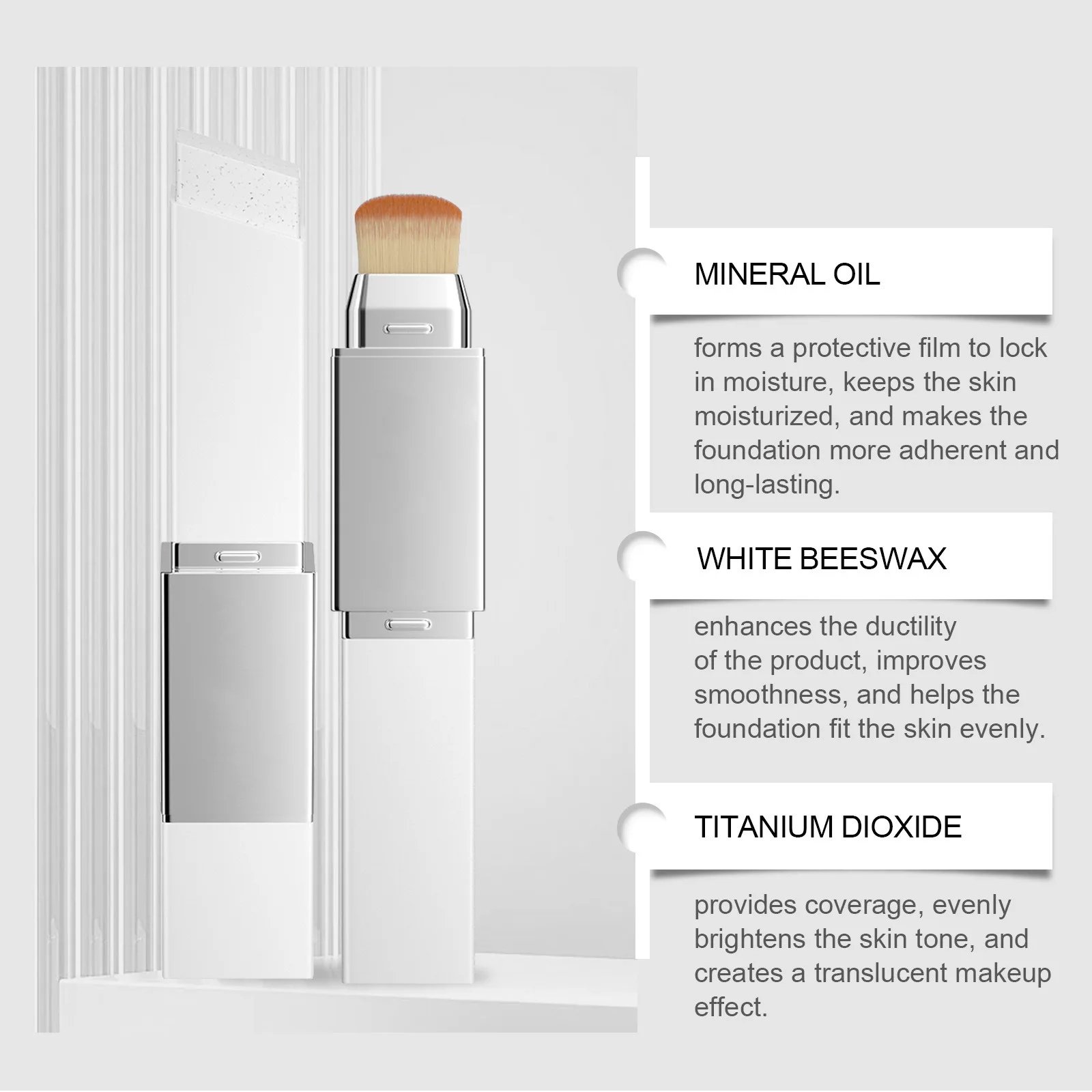 2-in-1 color-changing foundation stick 13g 01#white 70g weight 2.7*2.2*14.2cm package size 2.5*2*14cm product size with