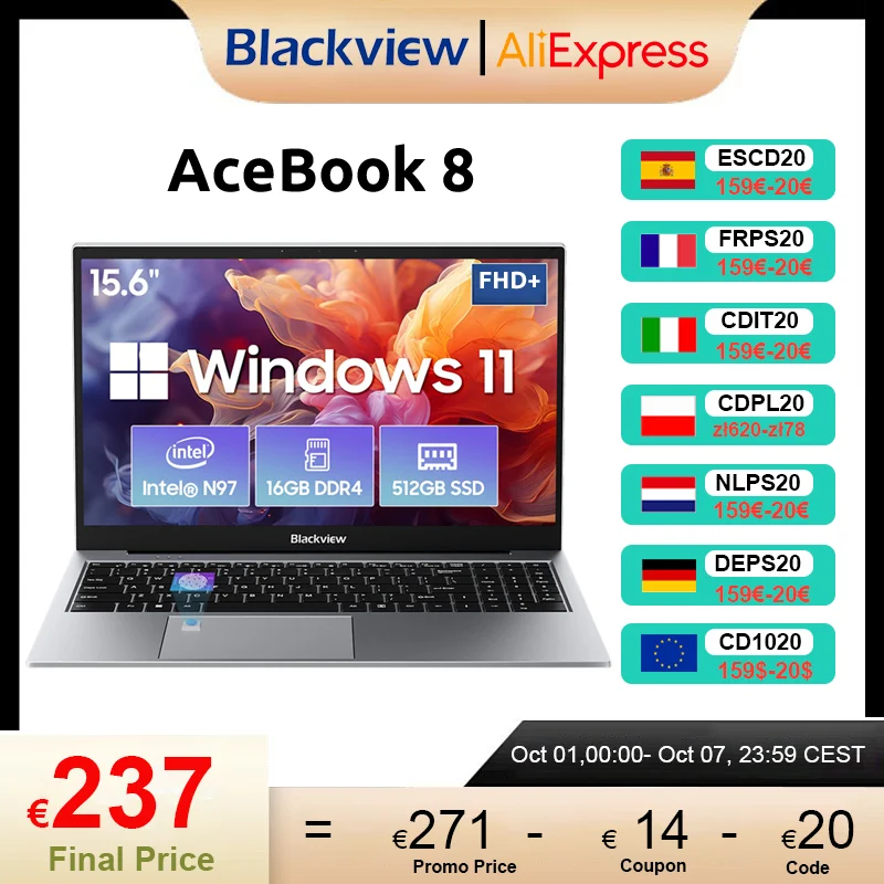 Blackview Laptop AceBook 8 15,6" 12e generatie Intel Alder Lake N97 16GB RAM 512GB SSD + uitbreiding tot 1TB Windows 11 BT 5.0