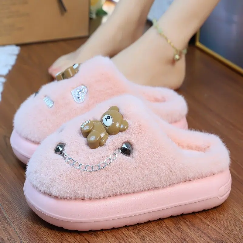 

New fluffy warm home slippers with bear fur mules shoes for women fuzzy slippers home slides shoes chain woman winter flip flop