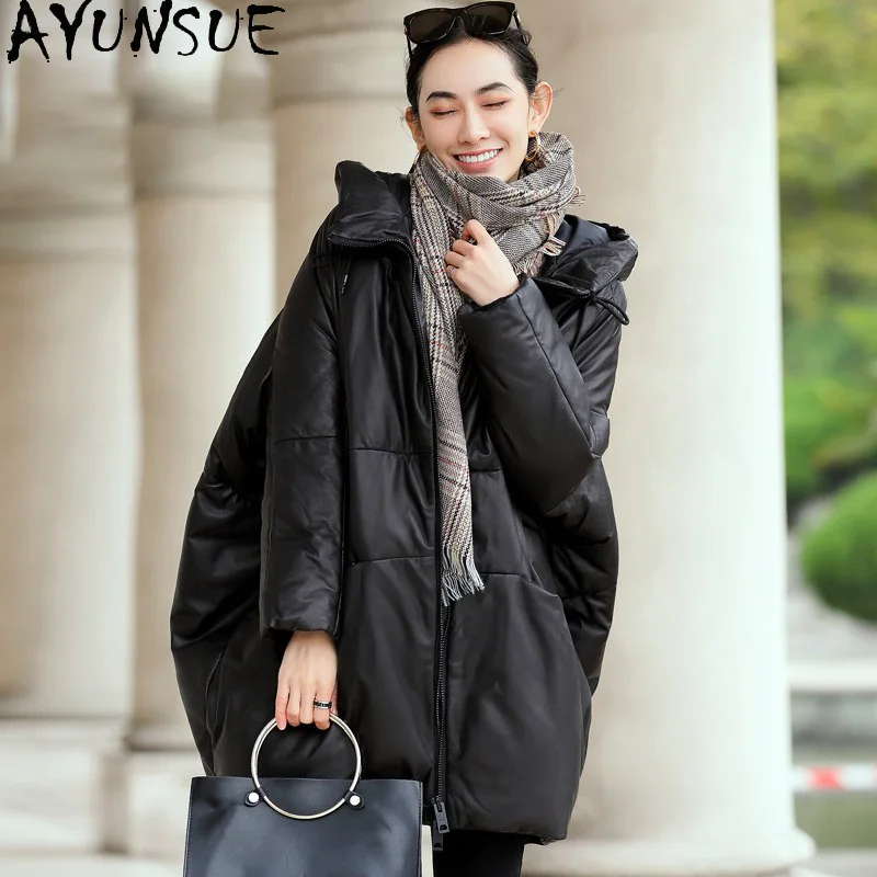 AYUNSUE 정품 가죽 다운 재킷 여성 겨울 의류 2025 후드 양피 코트 여성 90% 화이트 오리 다운 Jaqueta Couro