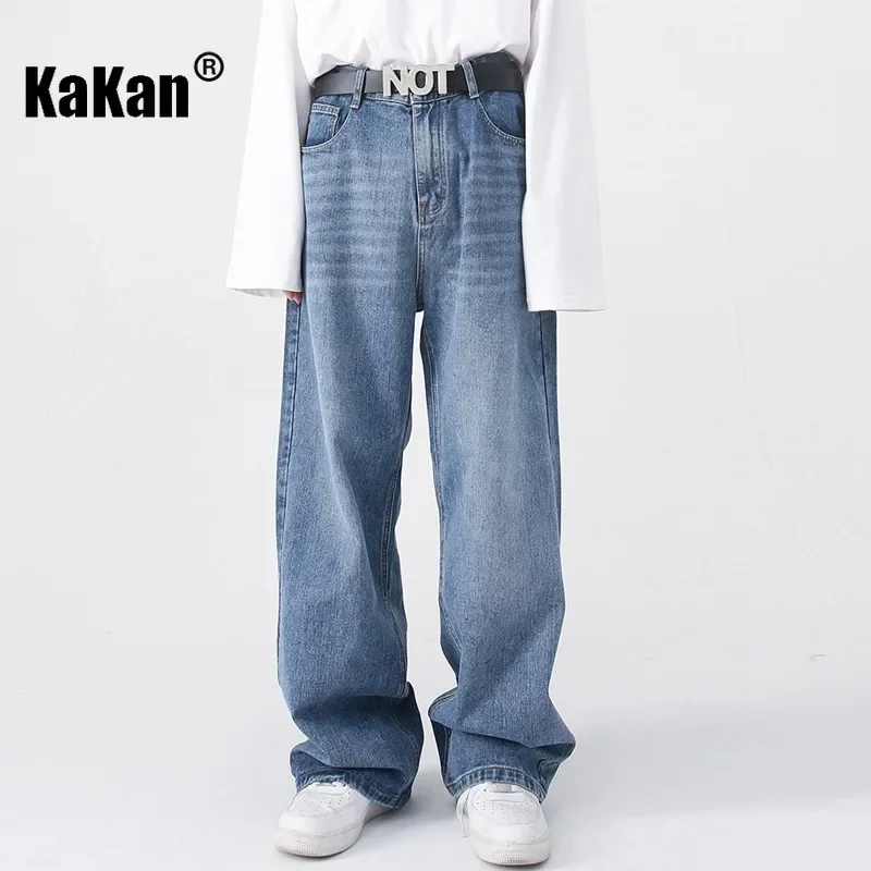 

Kakan - Loose Half Elastic Waist Long Jeans, Korean Edition, Versatile, Slimming Look, Washed Straight Tube Trendy Men's Jeans