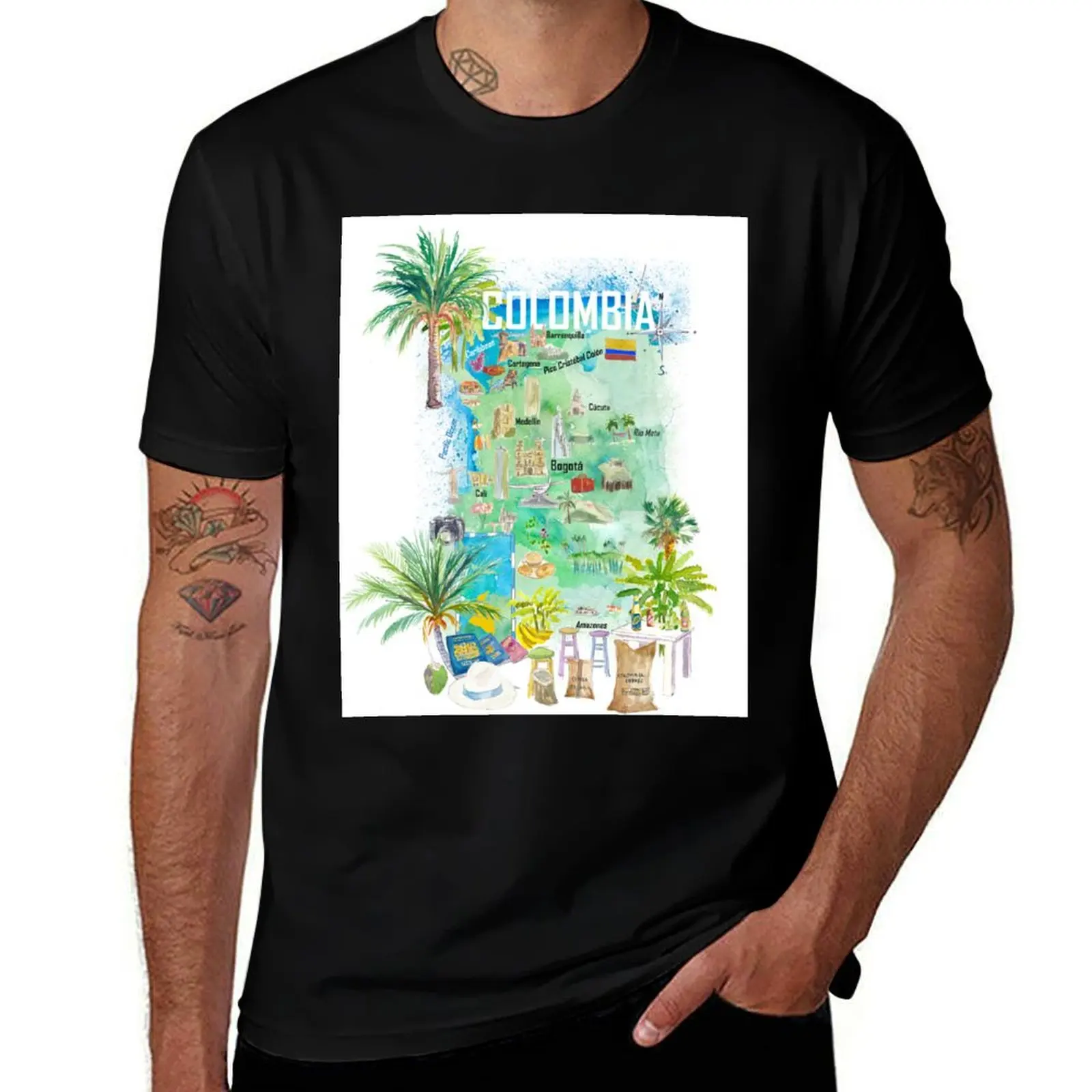 Colombia Illustrated Travel Map With Tourist Attractions And Highlights T-Shirt cotton t shirts man 100% T-Shirt