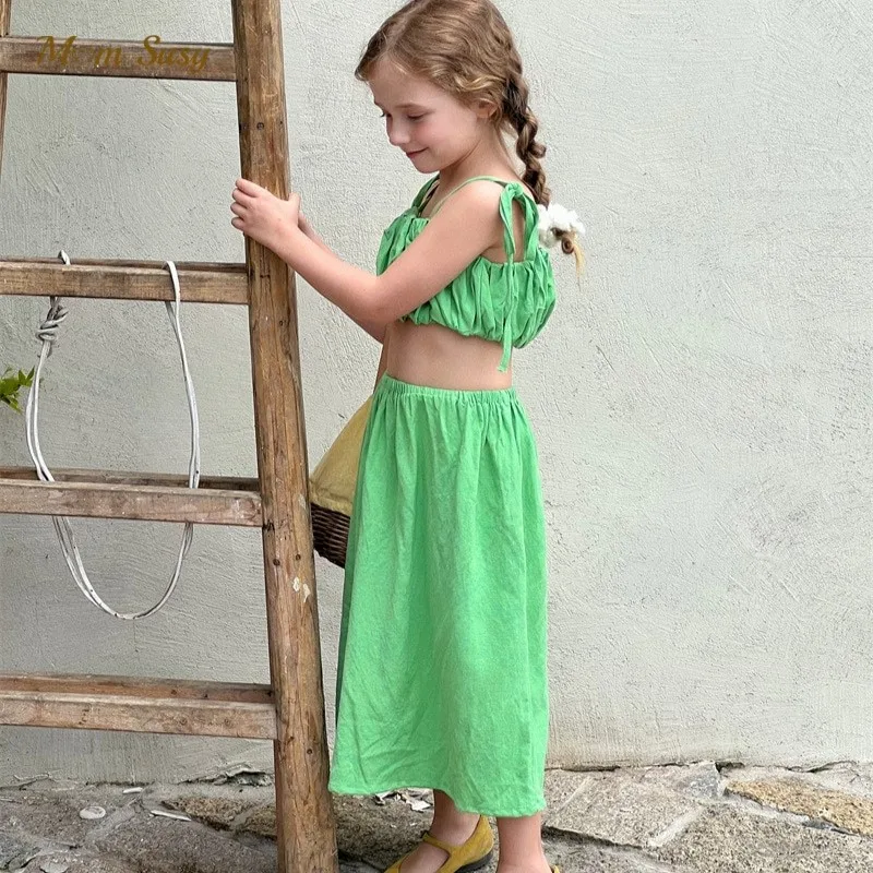 

Модный хлопковый комплект одежды для маленьких девочек, жилет на бретельках и юбка, летний комплект из 2 предметов для малышей, однотонный зеленый цвет, детская одежда