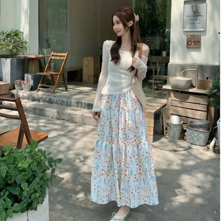 

Юбка макси А-силуэта с цветочным принтом и высокой талией, в нежном стиле, удобная для повседневной носки, из мягкой ткани, дизайн с высокой талией, Весна 2026