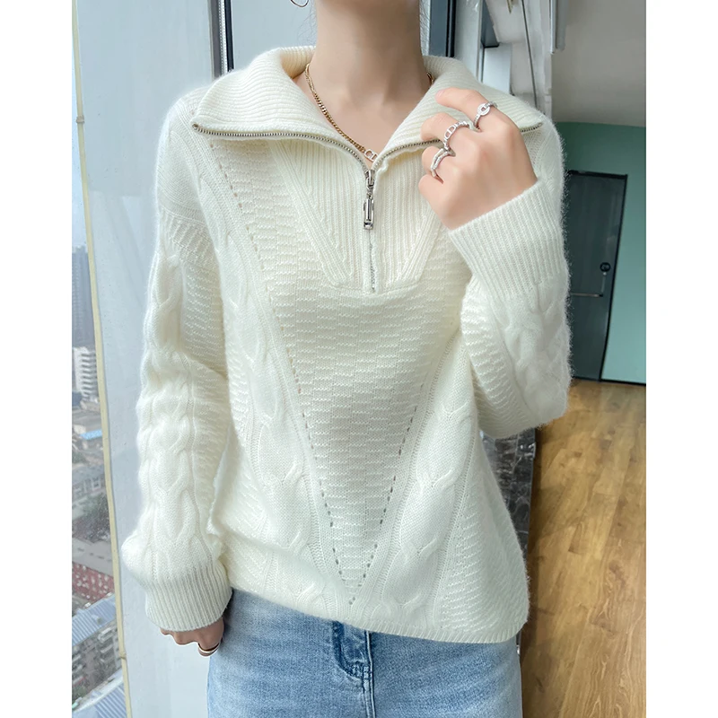 100%Wool Winter Thickening Zipper POLO Collar Tops Pullovers Casual Womens Long Sleeve Keep Warm Knitting Ladies Sweater