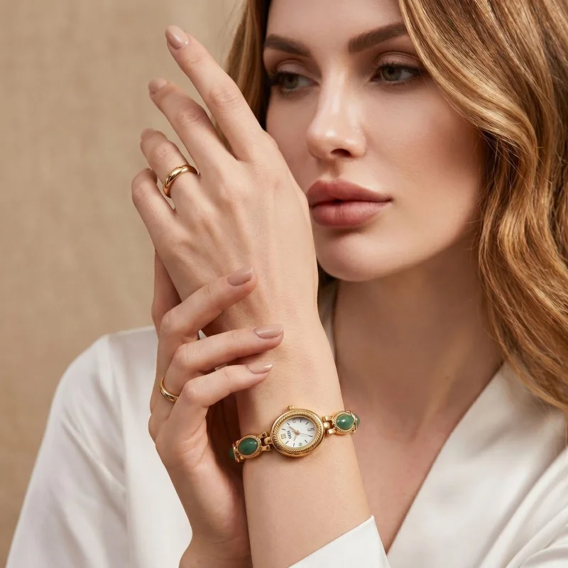 Women's Vintage Quartz Watch Oval Dial Jade Bracelet Band Elegant Wristwatch Female Model Accessory Set for Daily Party