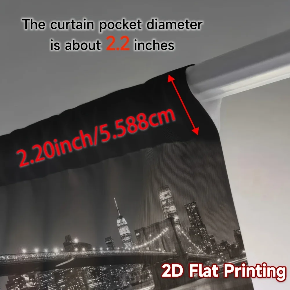 Urban Black White Brooklyn Bridge Curtain 2 Pack, City Night Skyscraper Reflection Print Drapes for Modern Bedroom Living Room