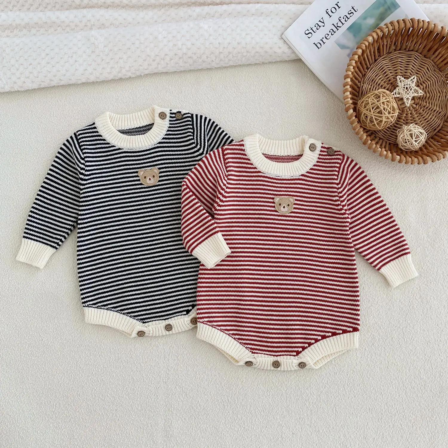 0-24M 100% Cotton Baby Knit Romper Newborn Boy Girl Winter Clothes Warm Thick Bodysuit Cute Sweet Outfit