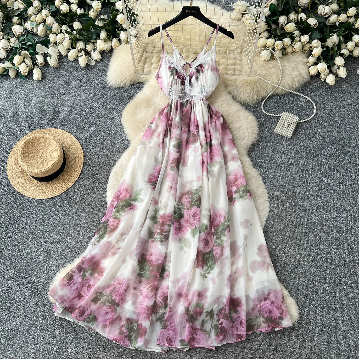 French Halter Neck Mesh Dress Women Waist Cinch A Line Long Skirt Fairy Style Ambiance Sense Temperament 2026 Summer Women Dress