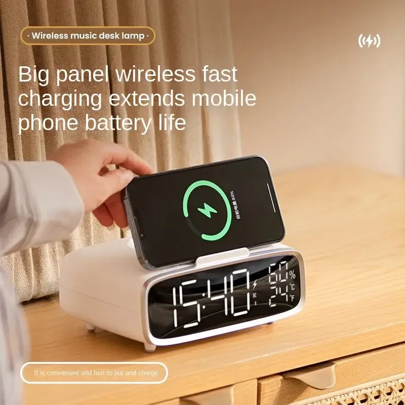 Smart Display 3 In 1 Digital Alarm Clock Wireless Charger With Night Light Temperature And Humidity Phone Holder Bedside Light