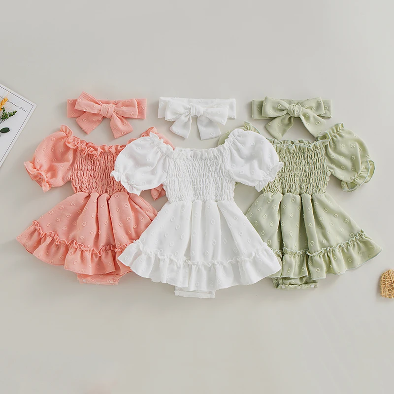 

Infant Baby Girls Romper Dress Dot Pattern Elastic Boat-Neck Short Sleeve Ruched Jumpsuits Skirts Hem Bodysuits with Headband